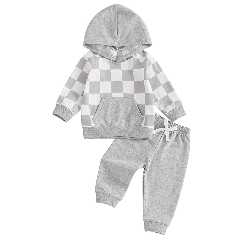 Check Hoodie Baby Tracksuit Set featuring a grey hoodie with check print and matching jogger pants.
