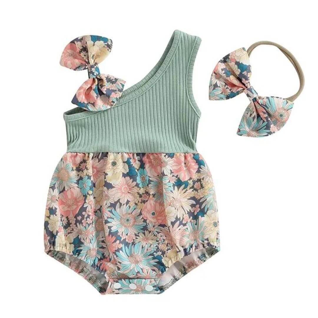 Sleeveless green and floral baby girl romper and matching headband for summer