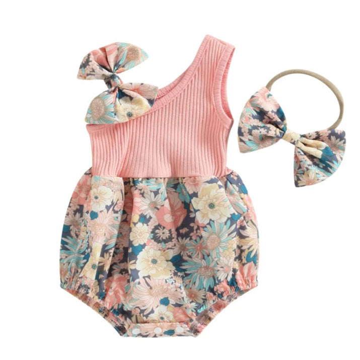 Sleeveless pink and floral baby girl romper and matching headband for summer