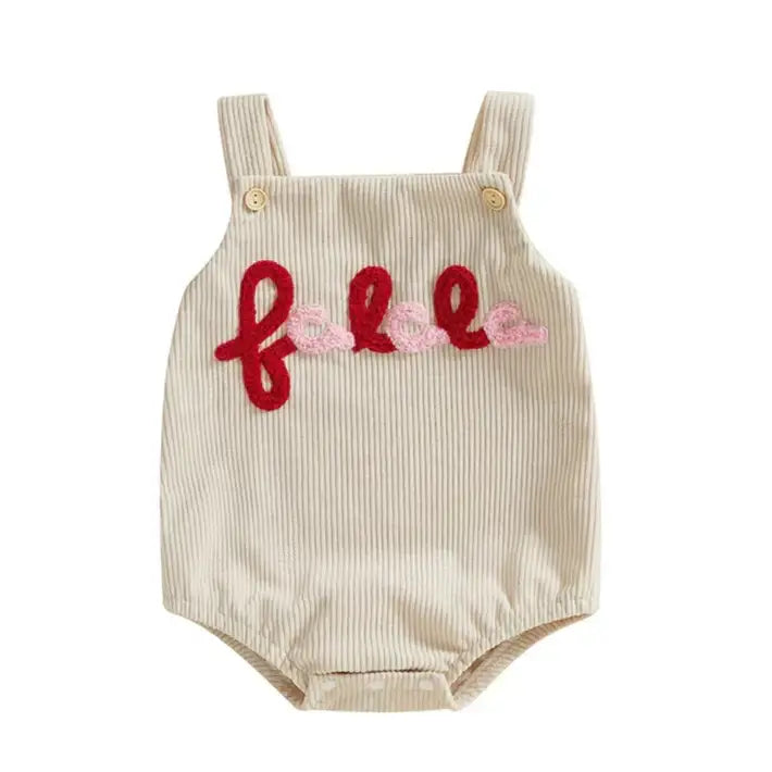 Fa La La Christmas Corduroy Romper for babies, festive cream outfit with cheerful embroidery, suitable for Christmas celebrations.