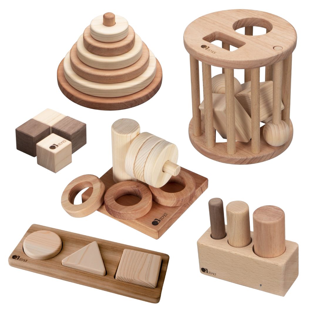 QToys Montessori wooden toy set with hanger, puzzles, shape sorter, stacker and blocks