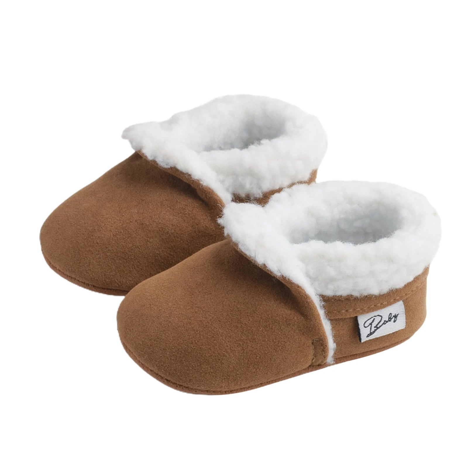 Fluffy baby moccasins in brown