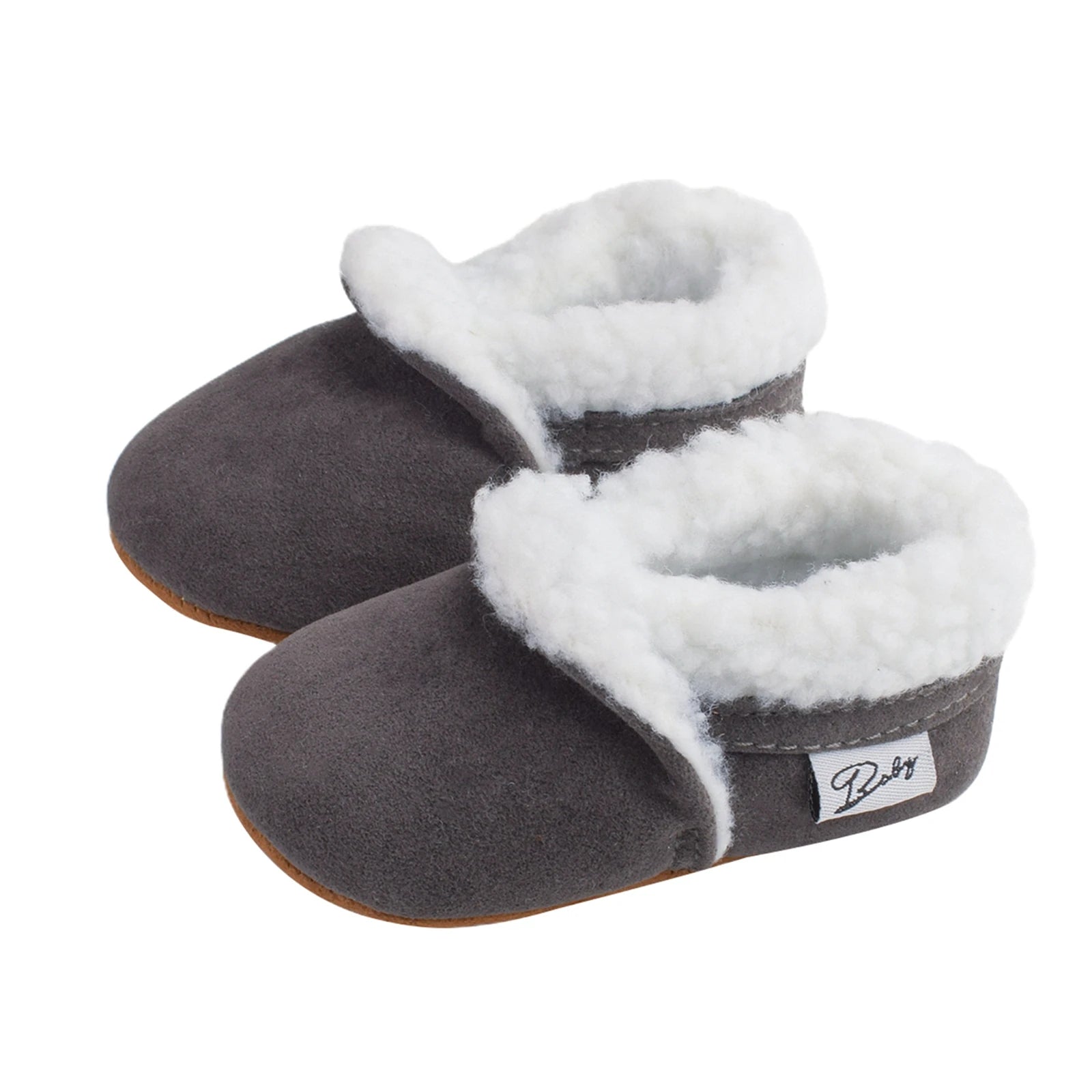 Fluffy baby moccasins in charcoal