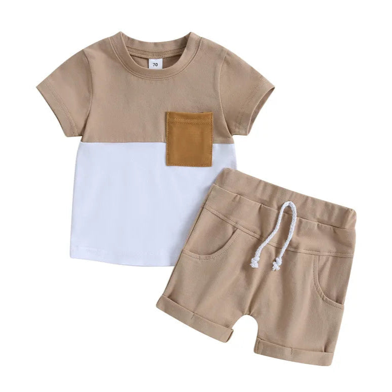 Fynn Colour Block Shorts Set featuring a short-sleeve T-shirt with contrast pocket and matching shorts for baby boys.