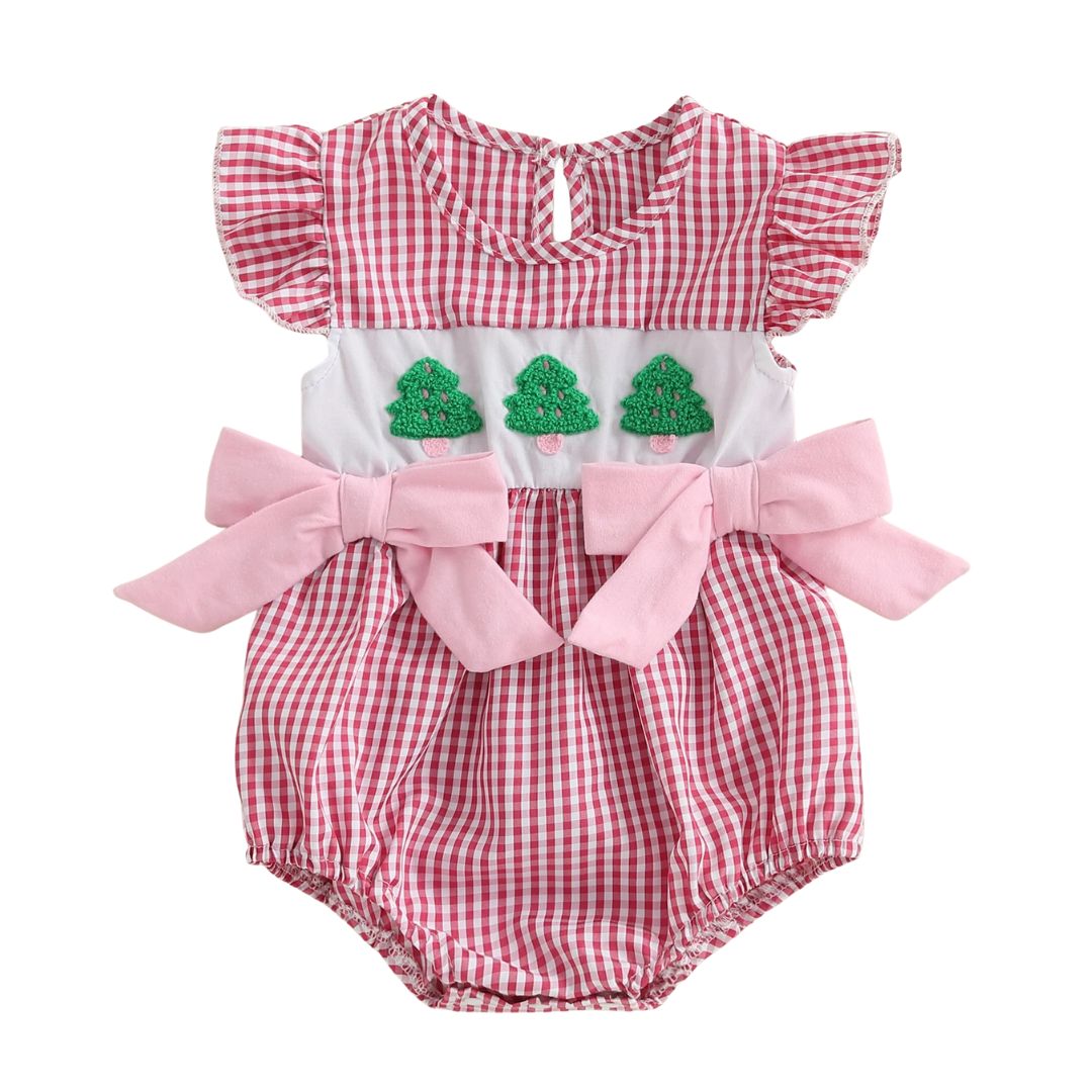 Gingham Christmas Tree Romper for baby girls with red and white gingham pattern and embroidered trees, perfect for festive occasions.