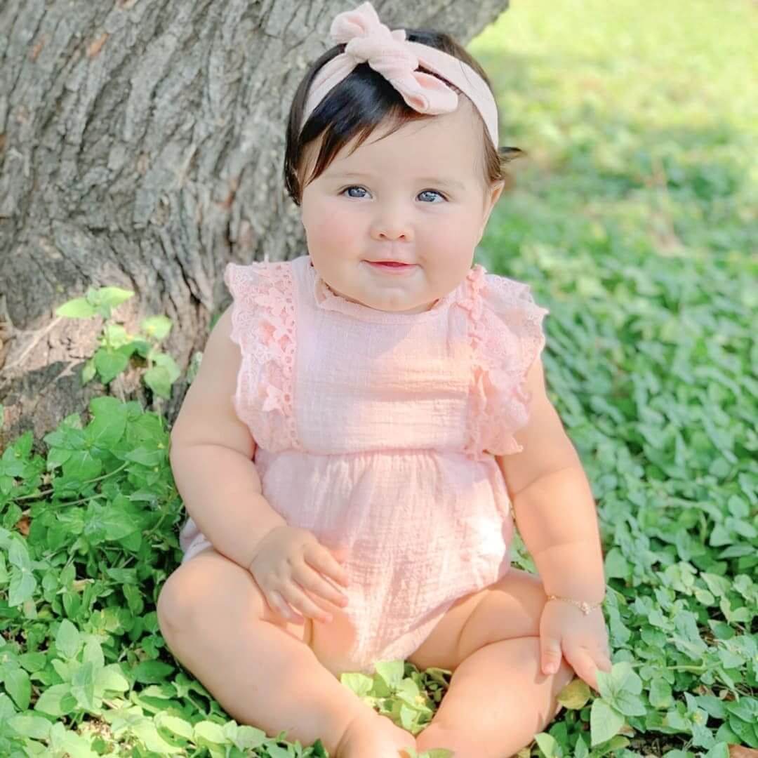 Harper Lace Baby Romper | Pink Baby Girl Onesie - Lulu Babe