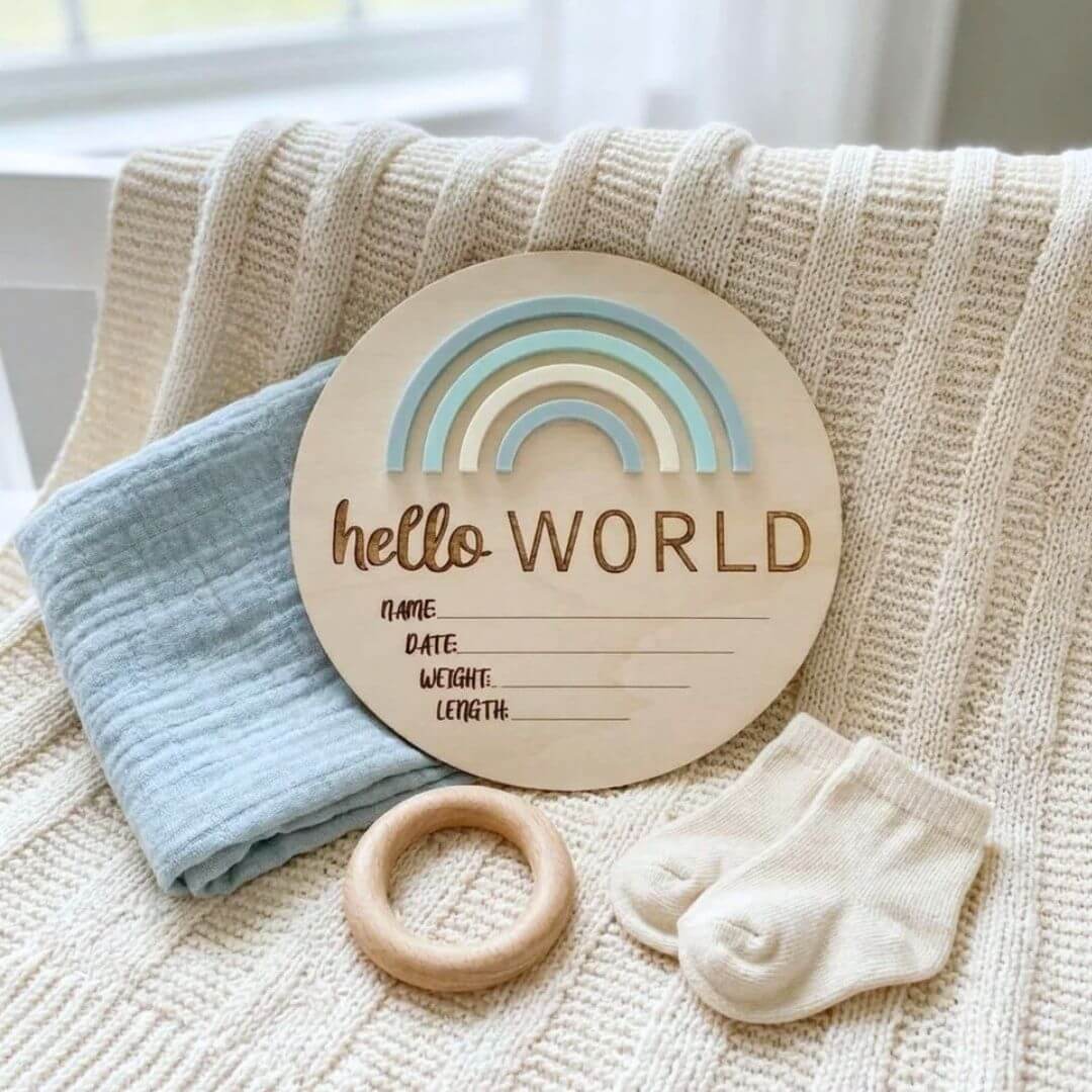 Hello World Rainbow Birth Plaque