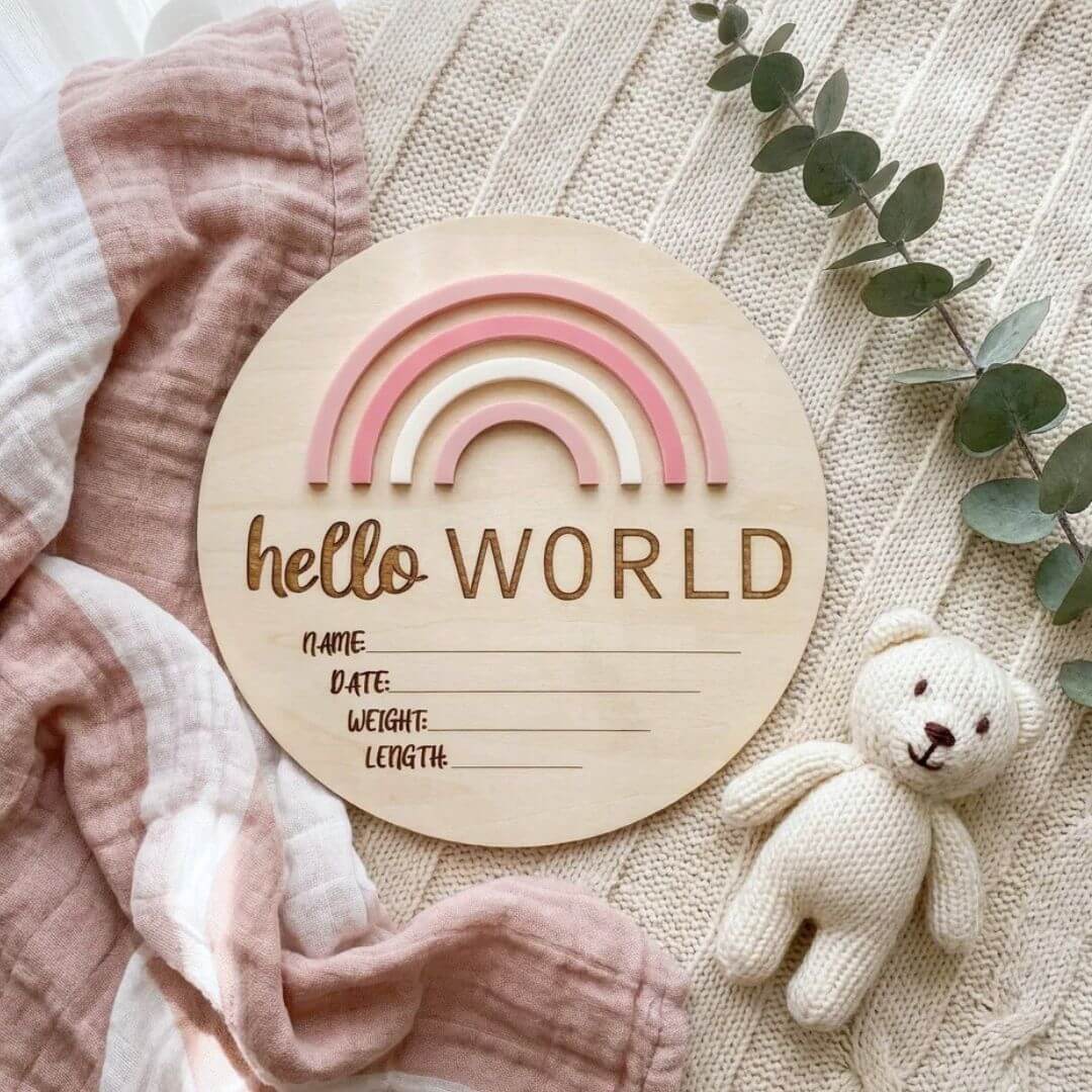 Hello World Rainbow Birth Plaque