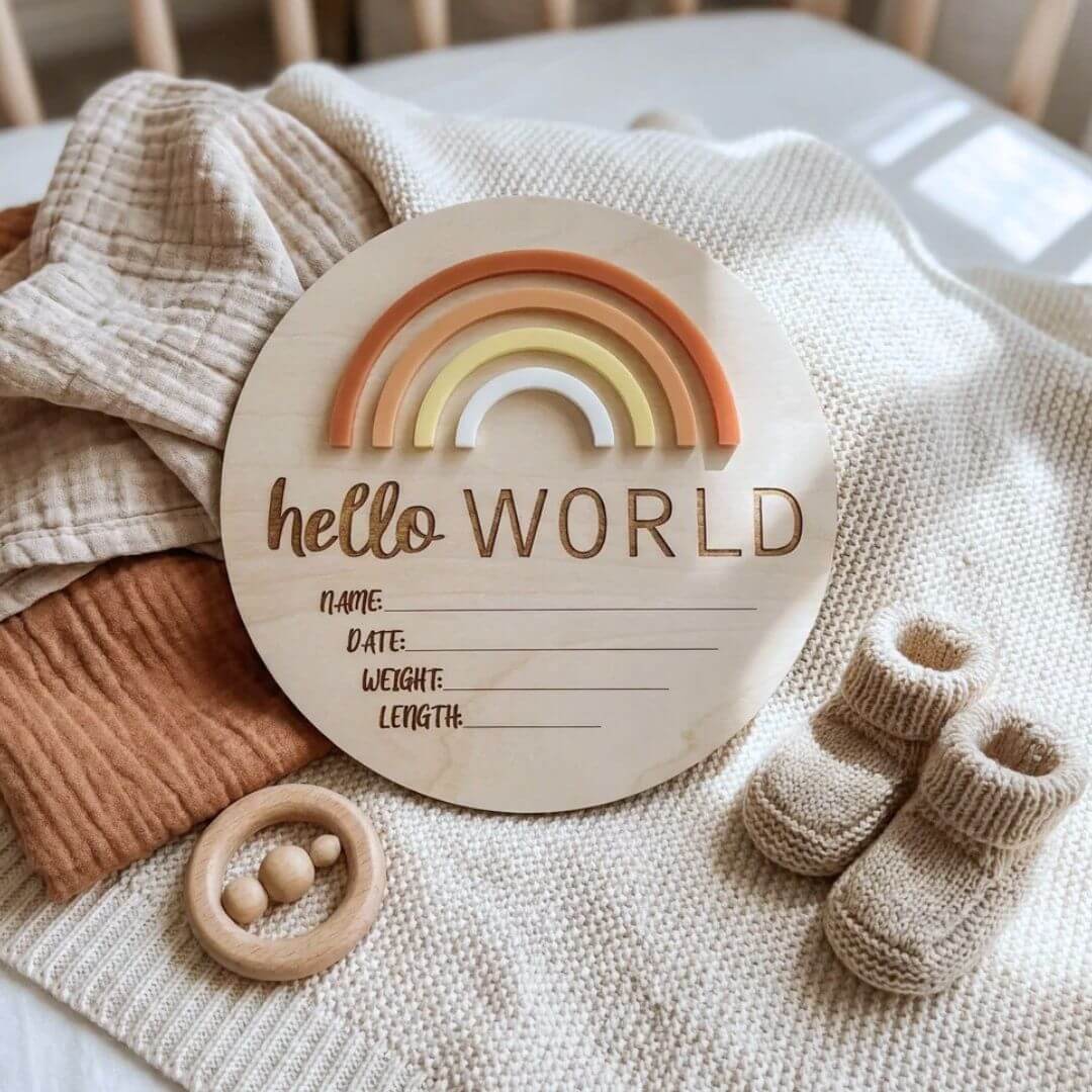 Hello World Rainbow Birth Plaque