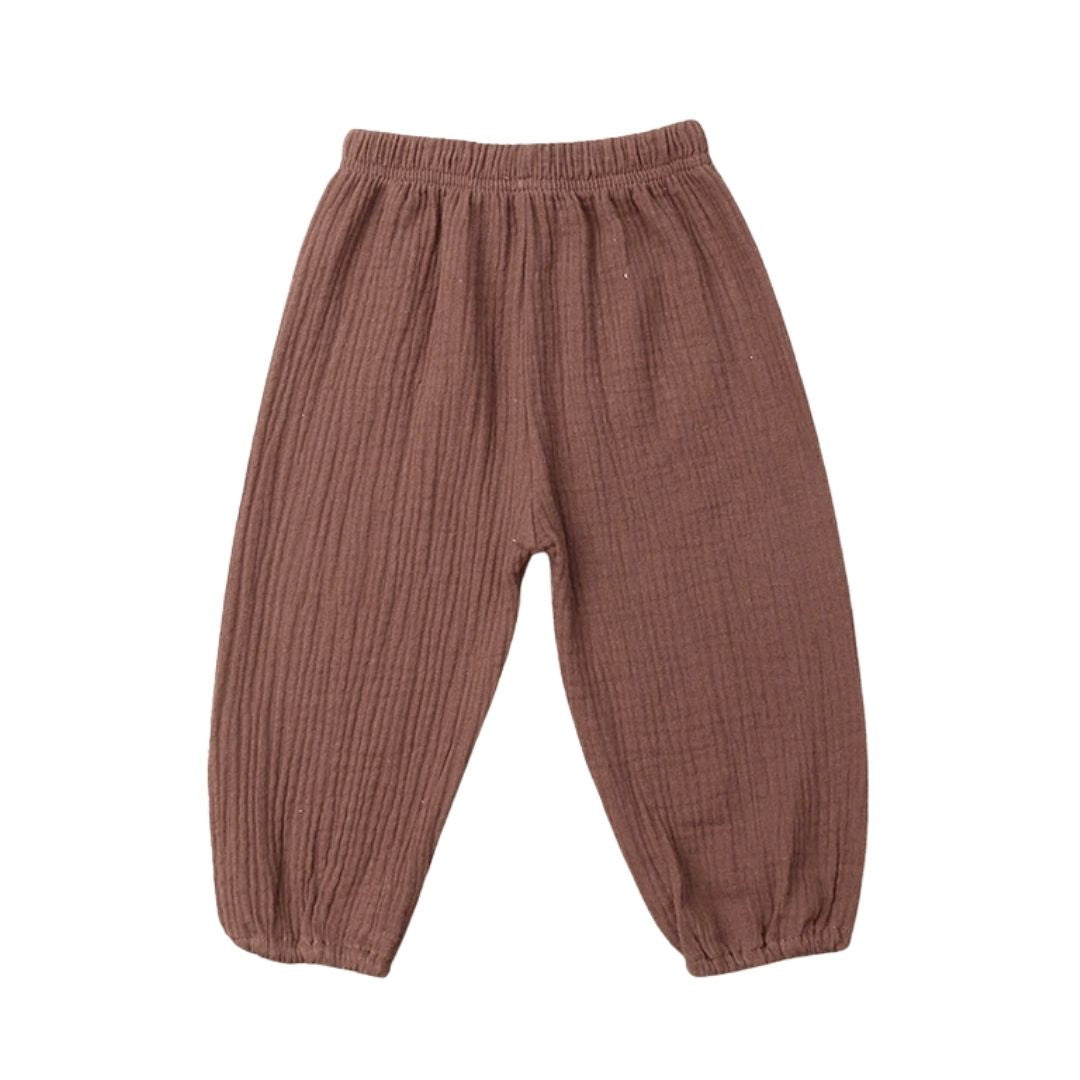 Brown baby harem pants in 100% muslin cotton