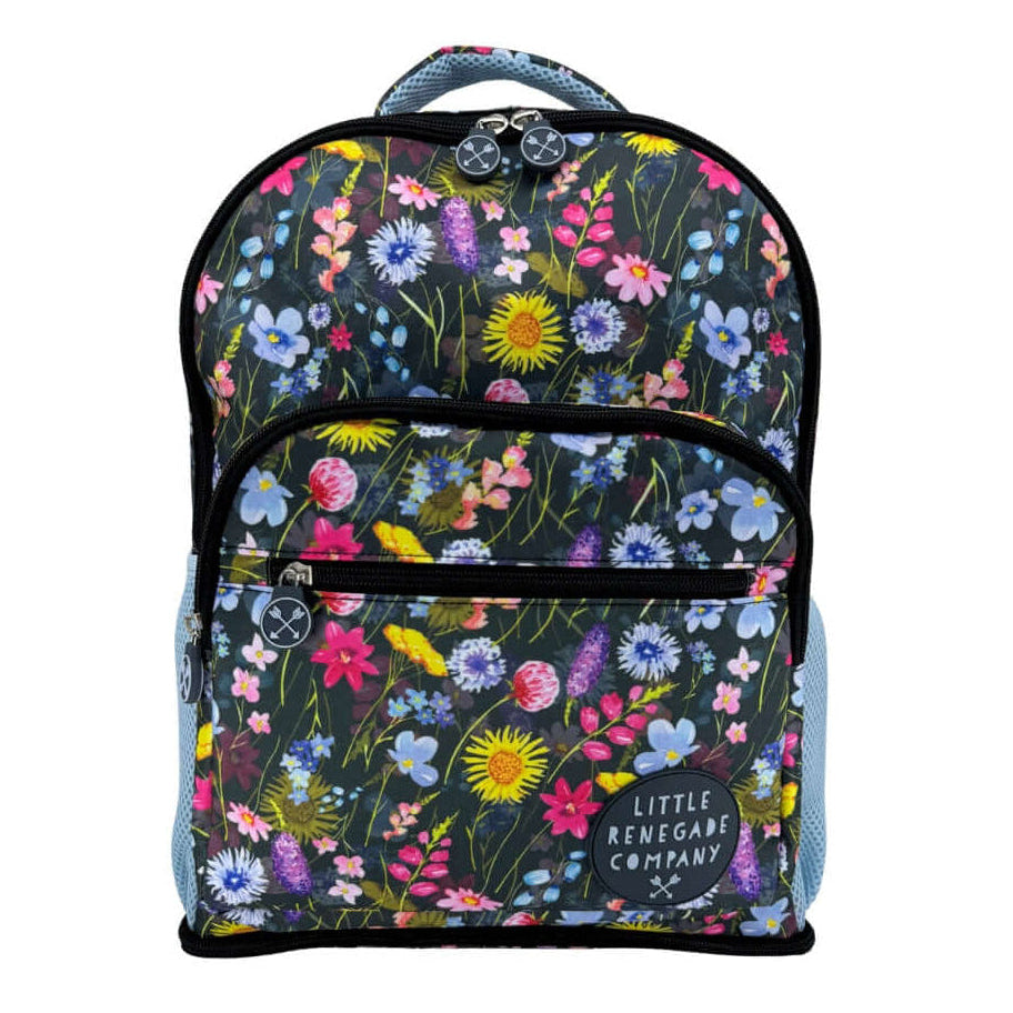 Dark floral print kids backpack with mesh side pockets and adjustable straps