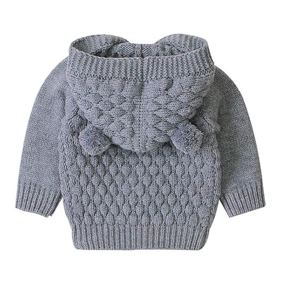 Grey knit baby cardigan with pom pom bear ears on hood - back view