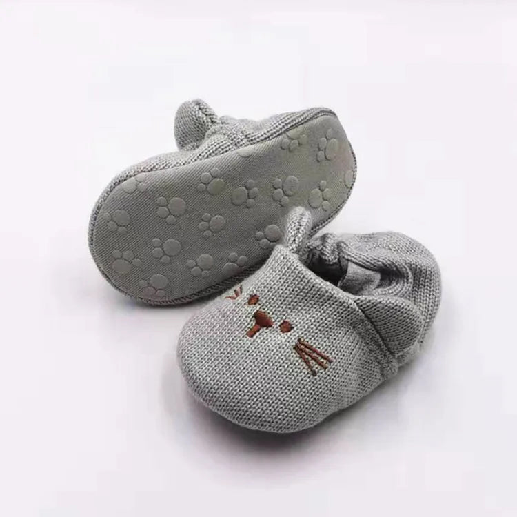 Grey knitted cat baby booties with adorable 3D ears and embroidered whiskers