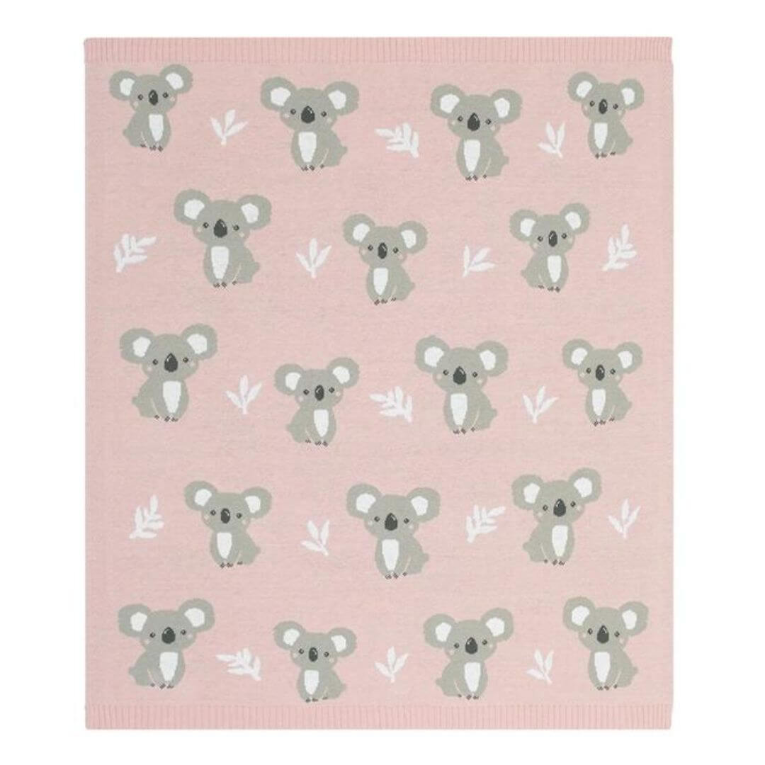 Koala baby blanket in soft pink with adorable koala pattern, made of 100% cotton knit for cozy adventures.