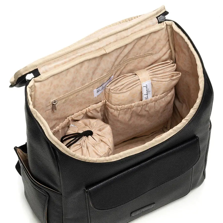 Babymel Lennox Nappy Backpack in black, top open showing spacious interior