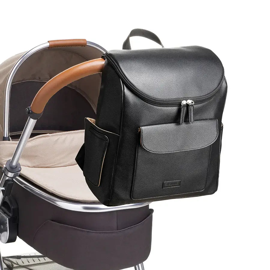 Babymel Lennox Nappy Backpack in Black - attached to pram