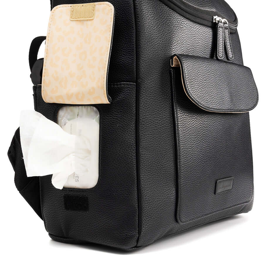 Babymel Lennox Nappy Backpack black, showing side wipes pocket