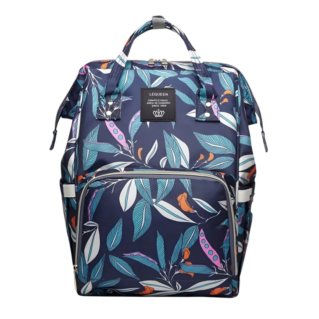 LeQueen Nappy Bag with colorful leaf design.
