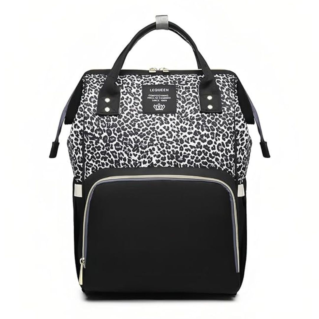 LeQueen Nappy Bag in leopard print design, spacious and stylish.