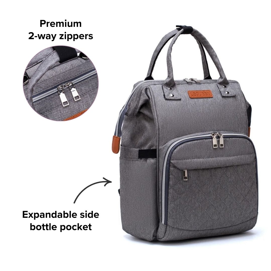 LeQueen Quilted Nappy Backpack with premium zippers and expandable side bottle pocket for easy access
