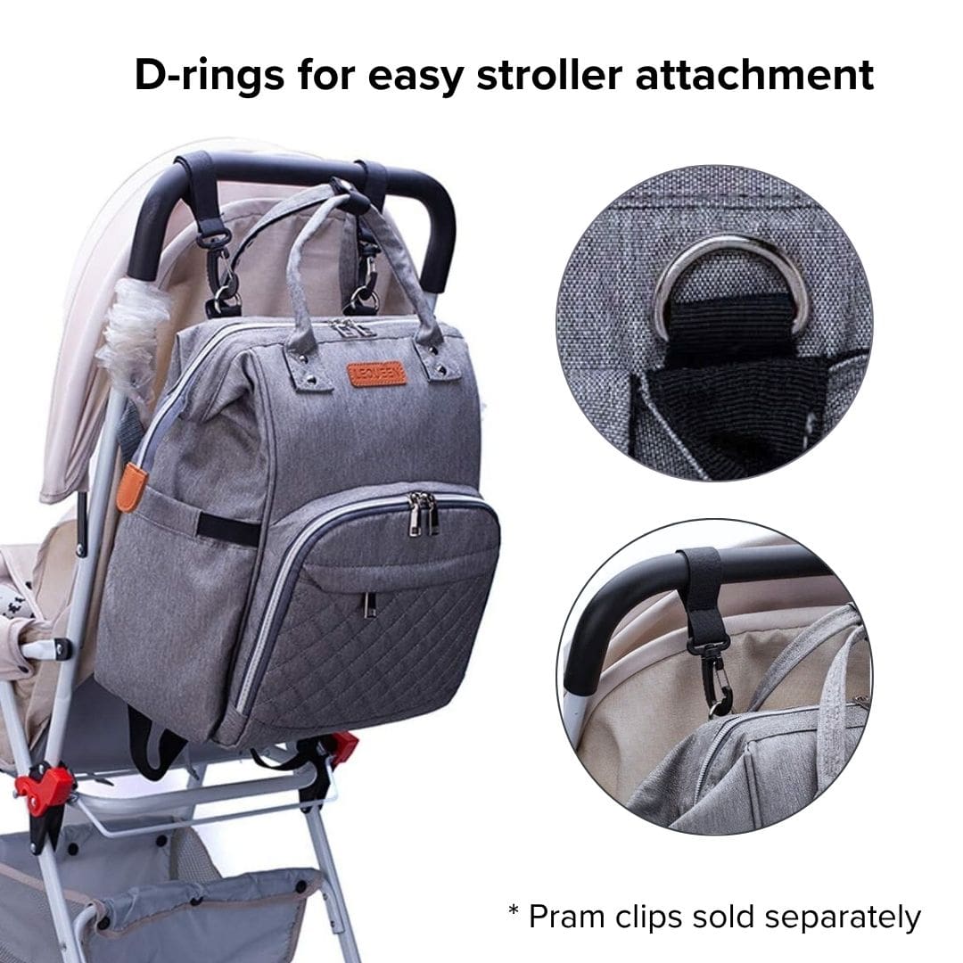 LeQueen Quilted Nappy Backpack attached to pram