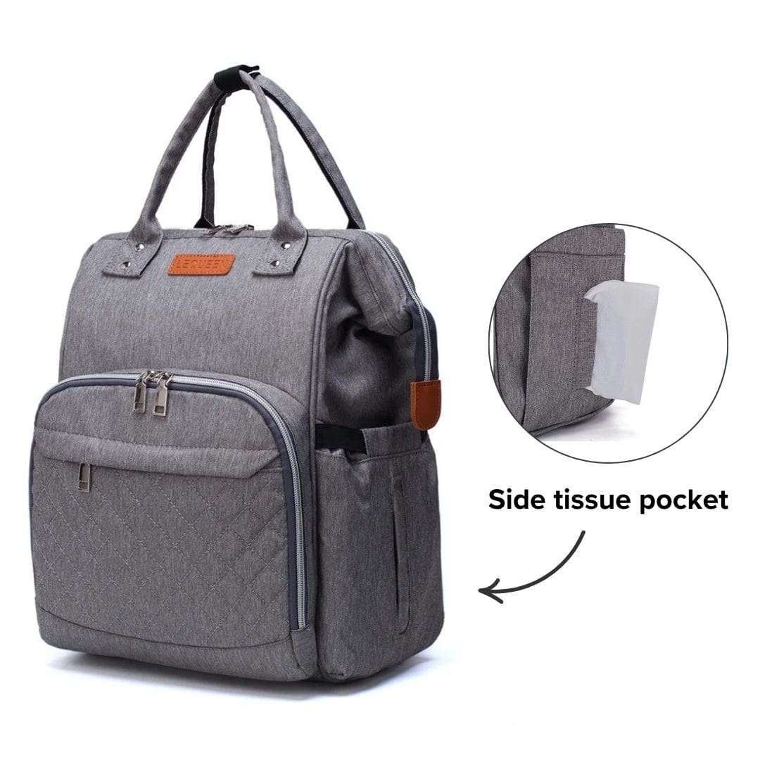 LeQueen Quilted Nappy Backpack featuring side tissue pocket