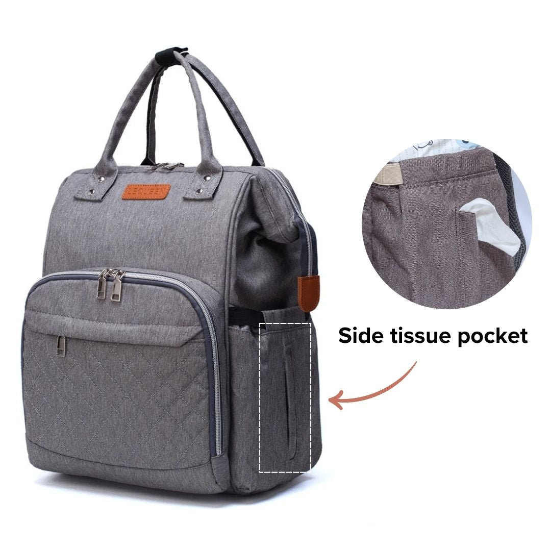 LeQueen Quilted Nappy Backpack featuring side tissue pocket