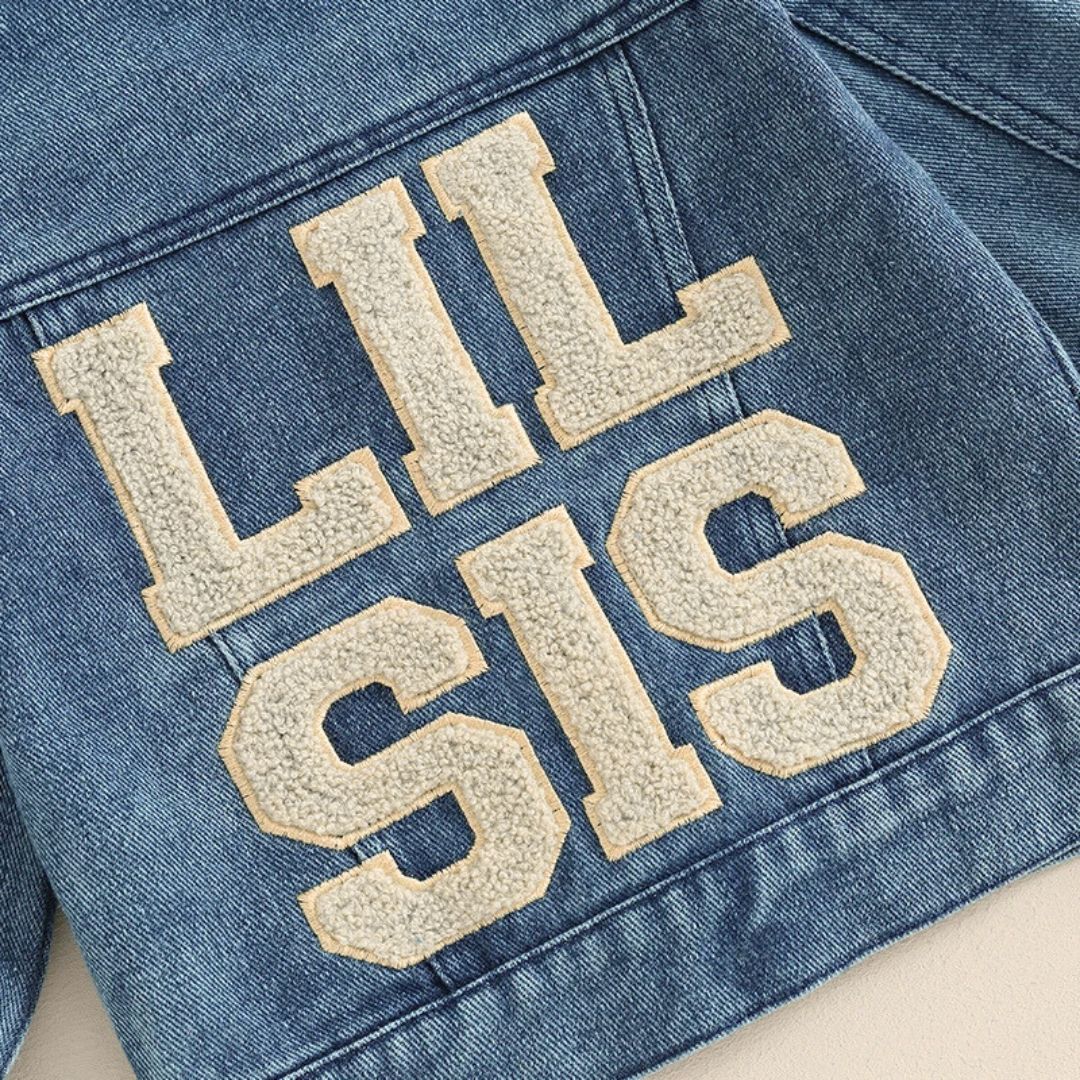 Lil Sis Denim Jacket - closeup of lettering