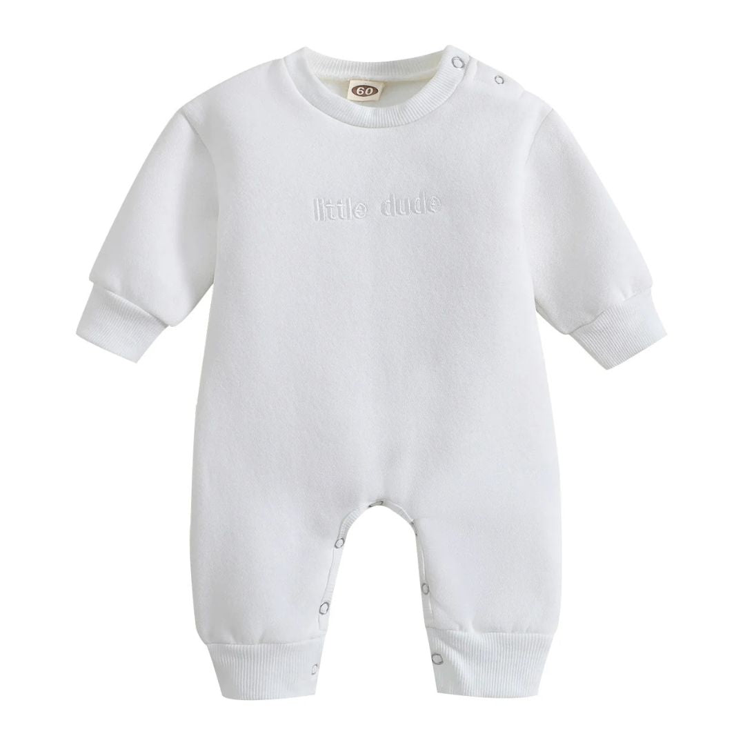 Little Dude baby boy long-sleeve romper in white