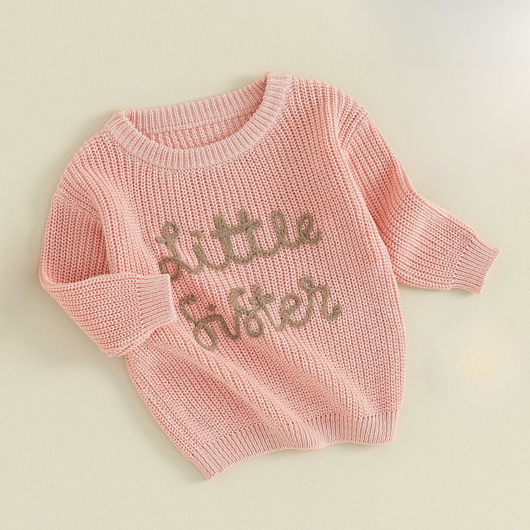 Little Sister Jumper with embroidery for baby girls 0-18 months styled flat lay