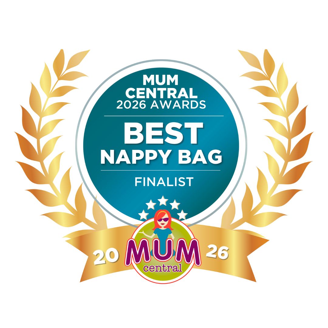 Award badge for 'Best Nappy Bag' finalist in Mum Central 2026 Awards with gold leaves and ribbon