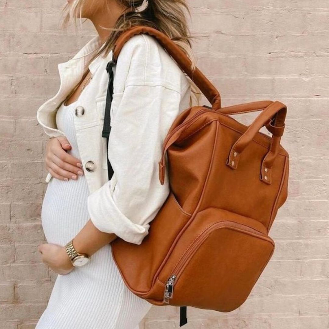 Faux Leather Baby Backpack | Madison Stylish & Practical Tan Nappy Bag - Lulu Babe