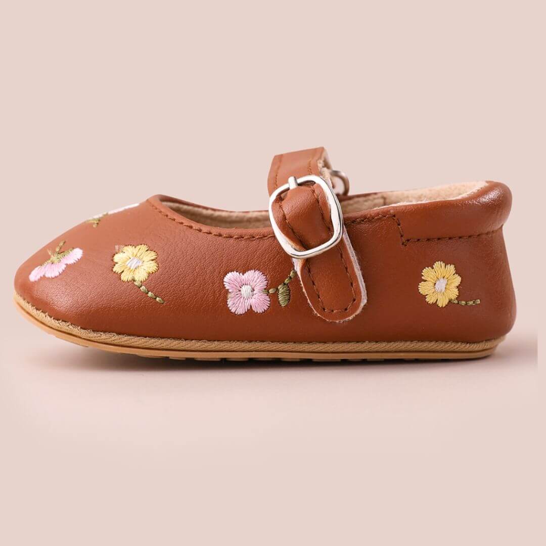 Maeve Flower Baby Shoes | Vegan Leather with Floral Embroidery - Lulu Babe
