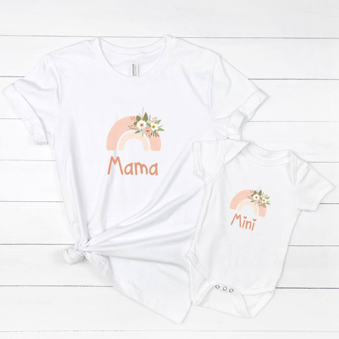Mama and Mini Matching Set with floral rainbow design, including "Mama" shirt and "Mini" bodysuit