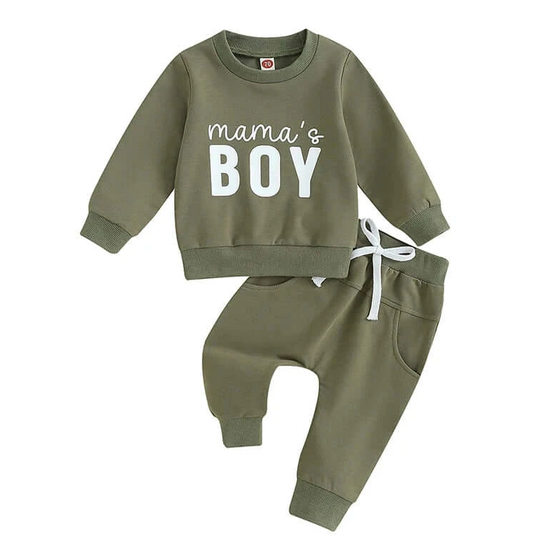 Mama's Boy baby tracksuit set with pullover top and matching pants in khaki