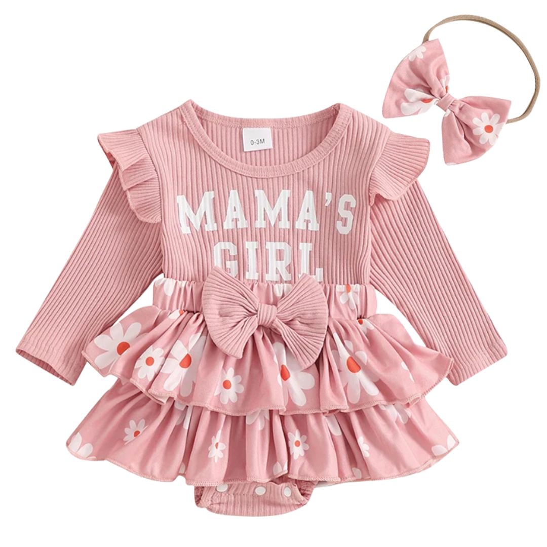 Mama's Girl Ruffle Set in pink with floral skirt and matching headband baby girls 0-18 months