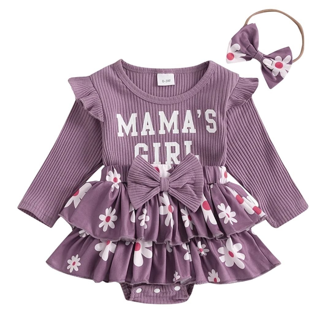 Mama's Girl Ruffle Set in purple with floral skirt, shoulder ruffles, and matching bow headband.