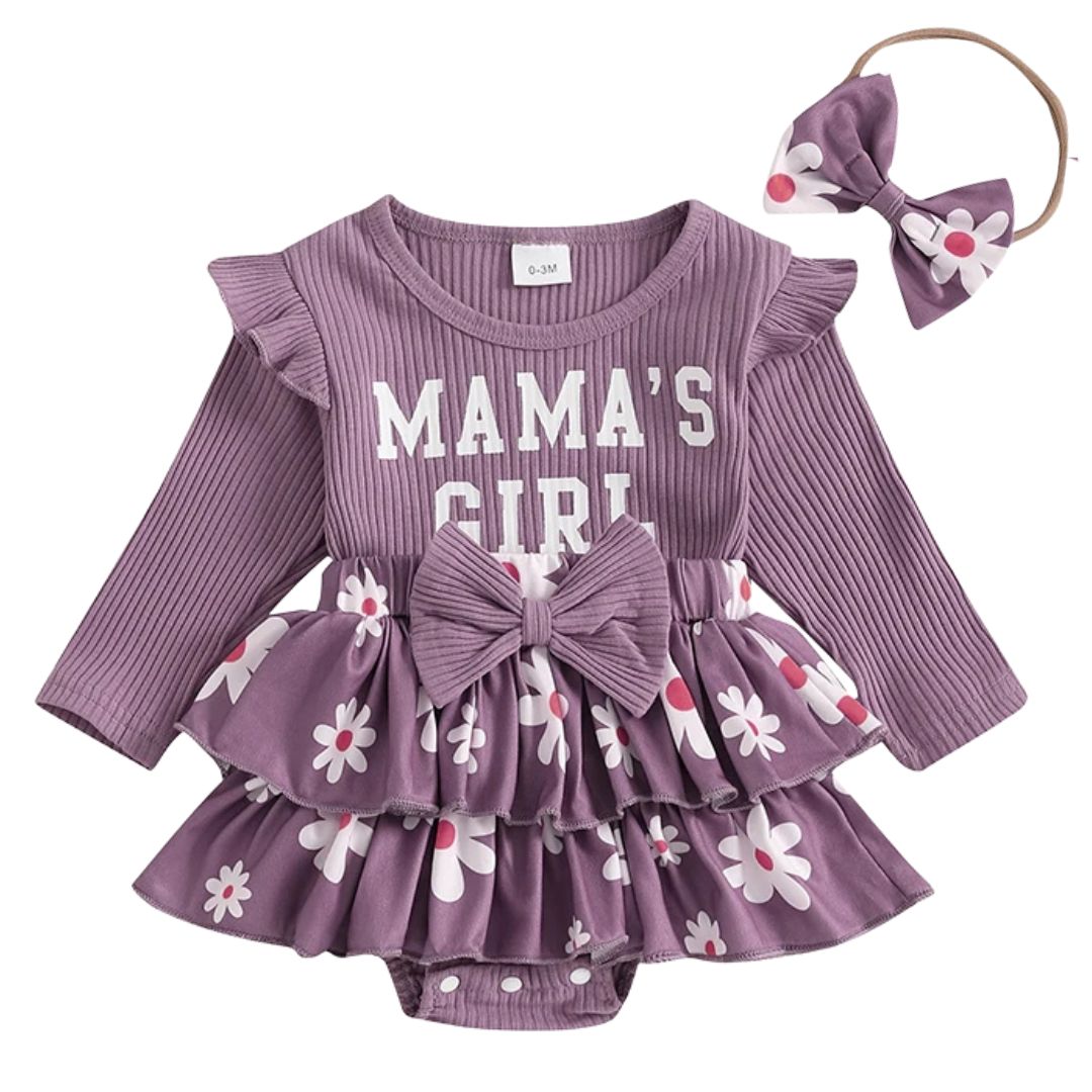 Mama's Girl Ruffle Set in purple with floral skirt, shoulder ruffles, and matching bow headband.