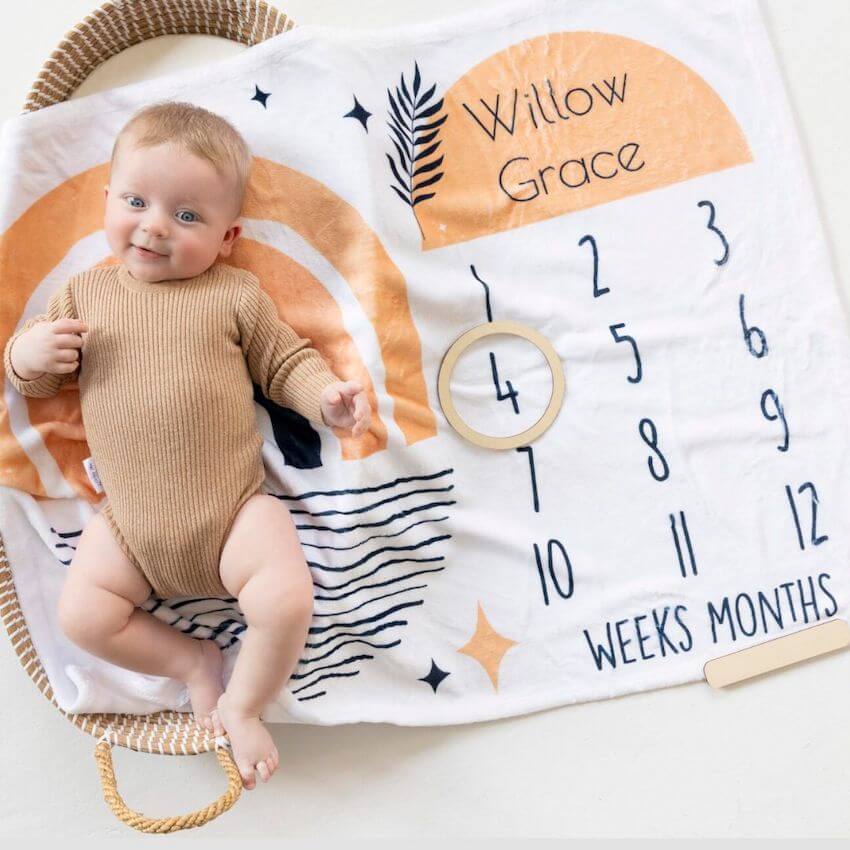 Personalised baby milestone blanket with name and wooden photo props