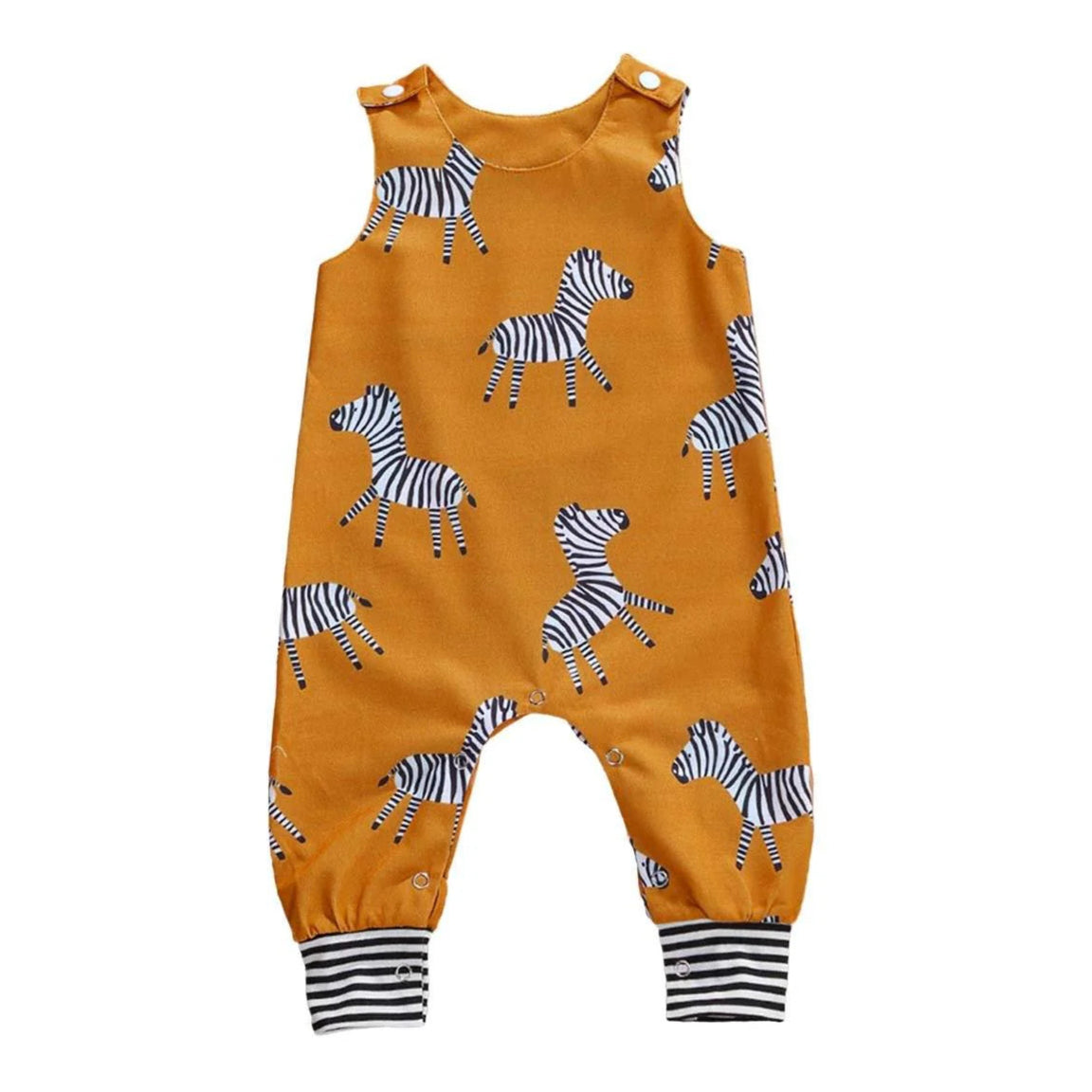 Mustard zebra print onesie for babies and toddlers, sleeveless design with sporty striped cuffs.
