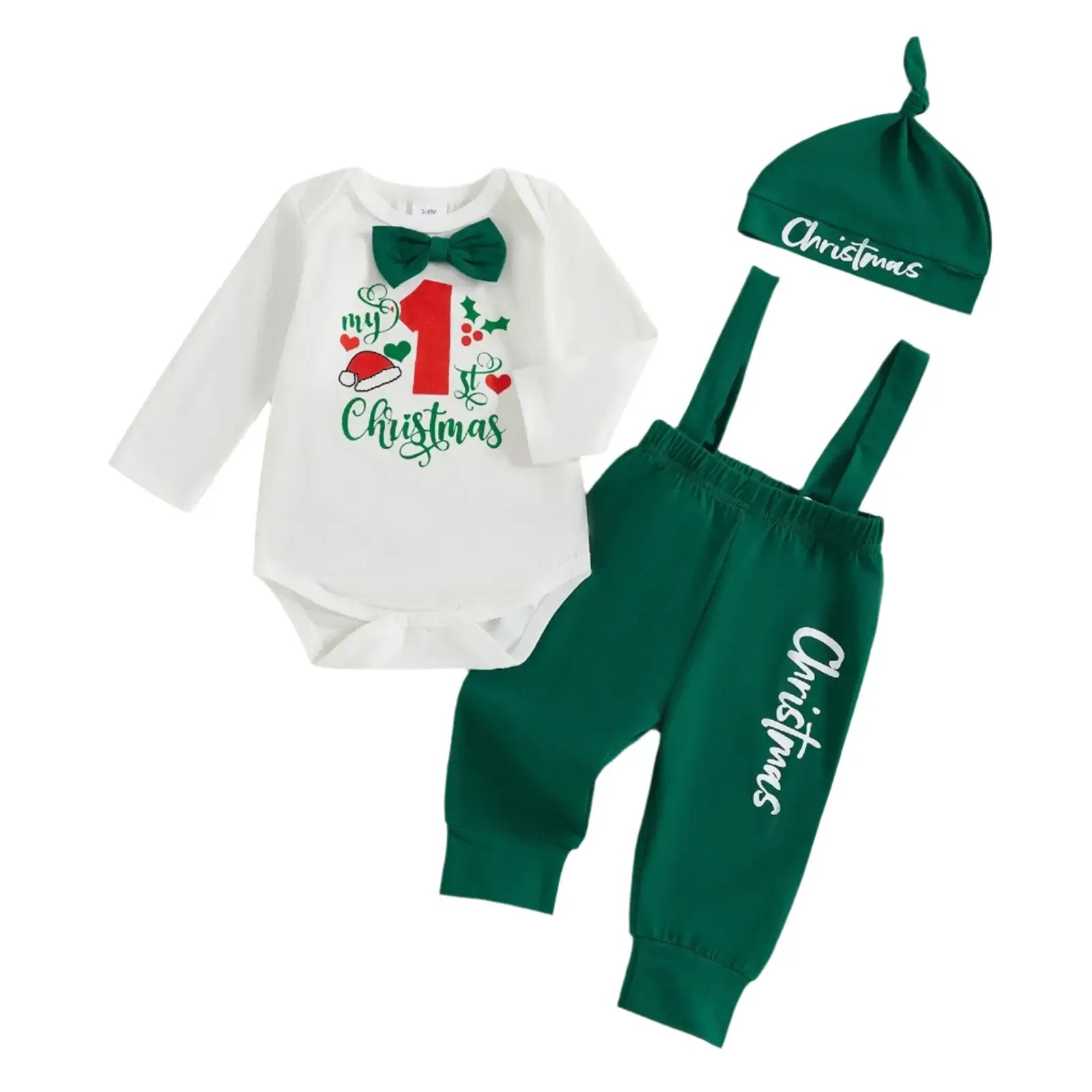 My 1st Christmas baby boy suspender set in green, featuring a bodysuit, overalls, and beanie hat in festive green.