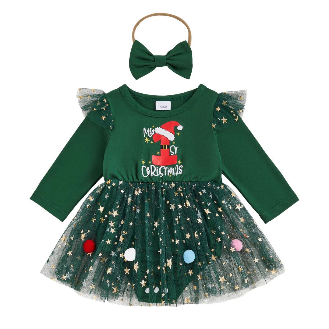 Baby Christmas dress with tutu and ruffle shoulders - perfect first Christmas outfit.