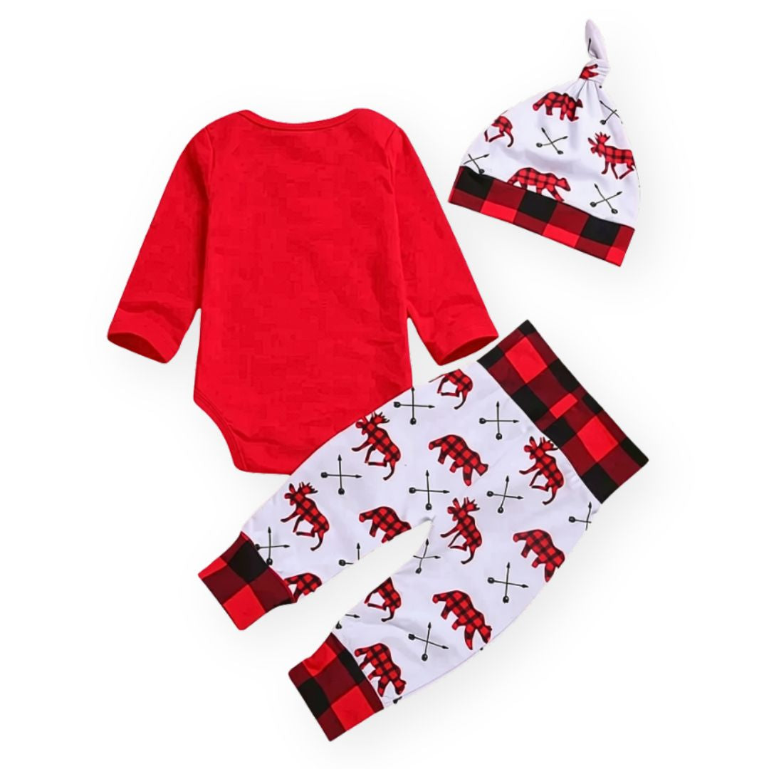 Back view of baby’s first Christmas red outfit set