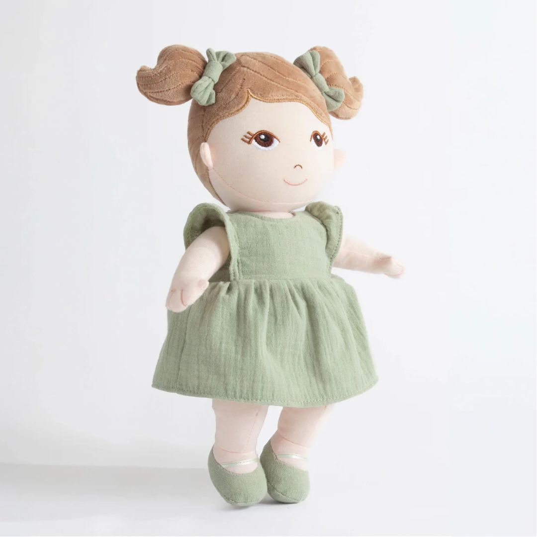 My First Doll - Elena, soft doll with brown pigtails in sage green dress