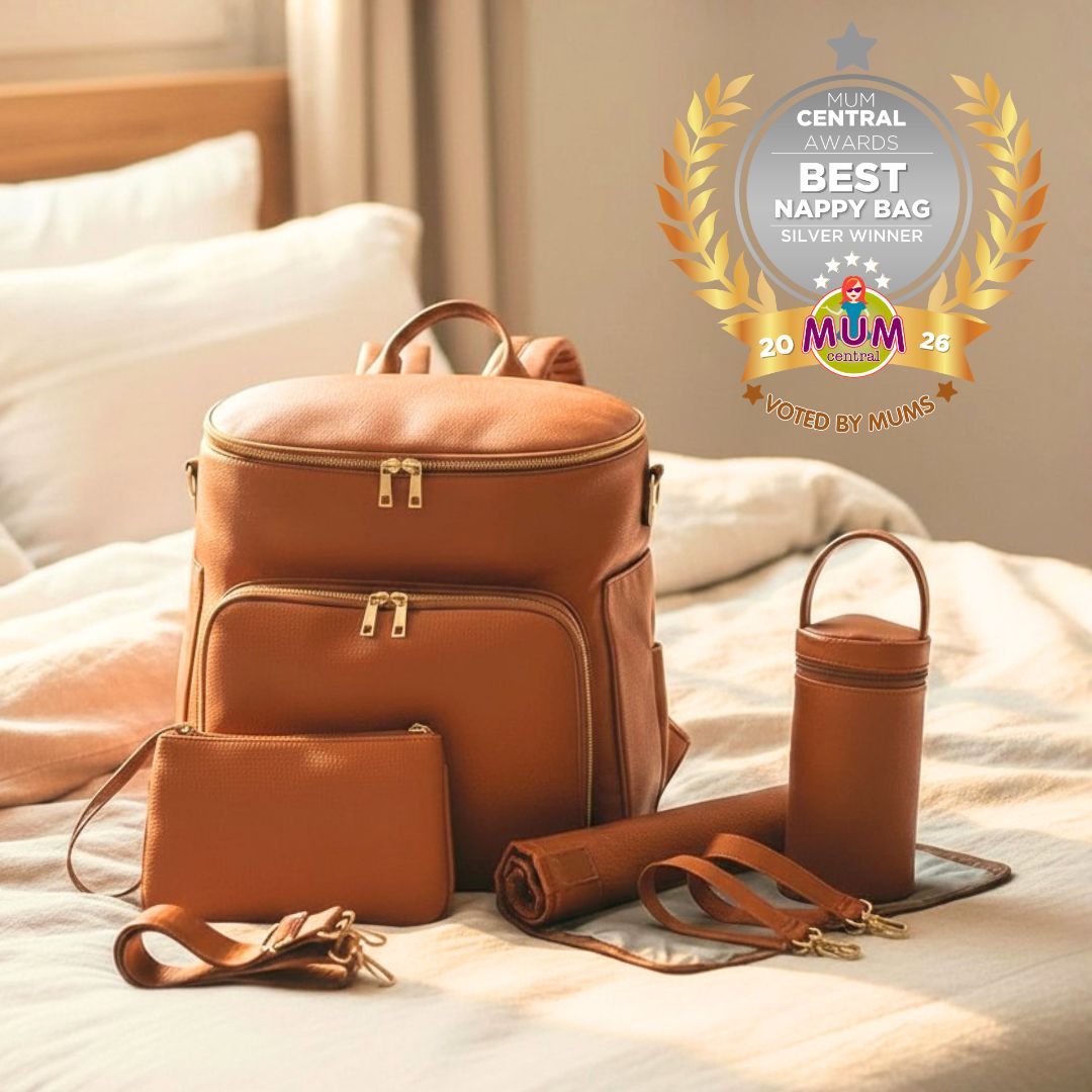 Sofia Nappy Bag Backpack in tan vegan leather with matching changing mat & accessories, 2026 Silver Winner Best Nappy Bag