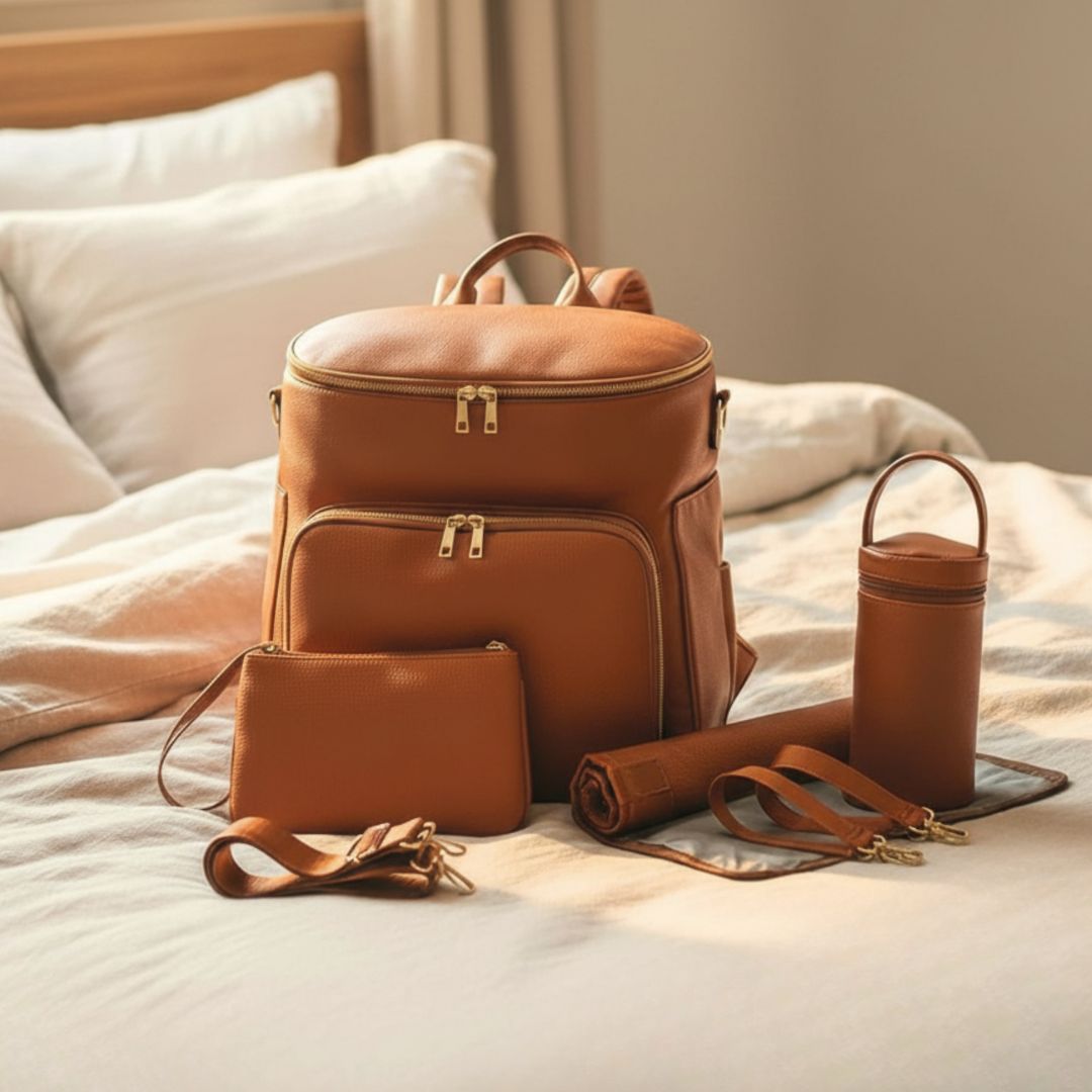 Sofia nappy bag backpack and accessories in tan vegan leather, styled on bed