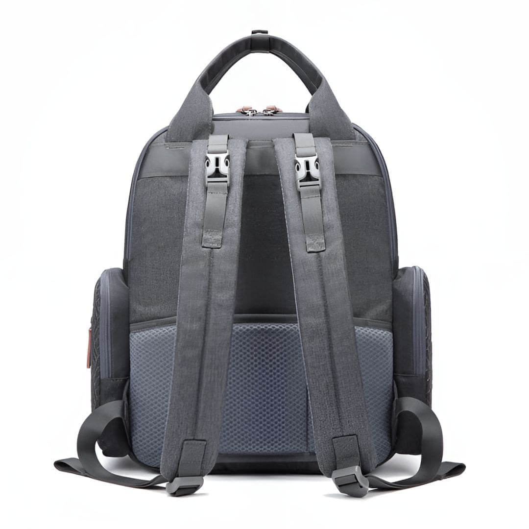 Back view of baby changing backpack in charcoal showing padded straps