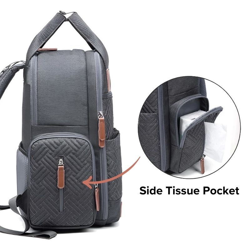Urban nappy backpack with side wipes or tissue pocket