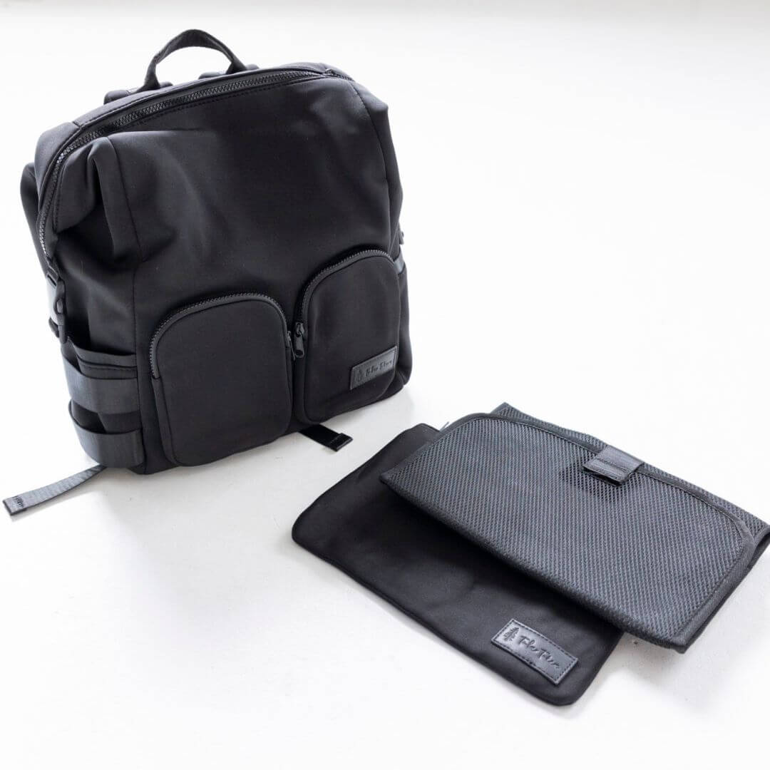 Black Neoprene Nappy Backpack with matching wet bag and change mat