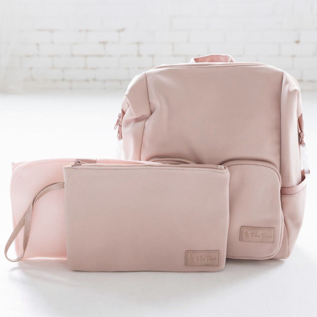 Blush Pink Neoprene Nappy Backpack with matching wet bag and change mat